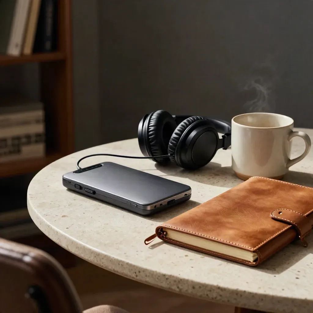 Interview recorder, headphones, leather notebook, and mug on a travertine side table.
