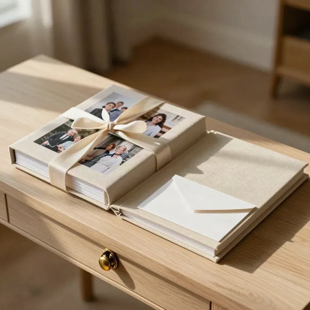 Tribute folio, keepsake box, and face-down guest notes on a sunlit console.