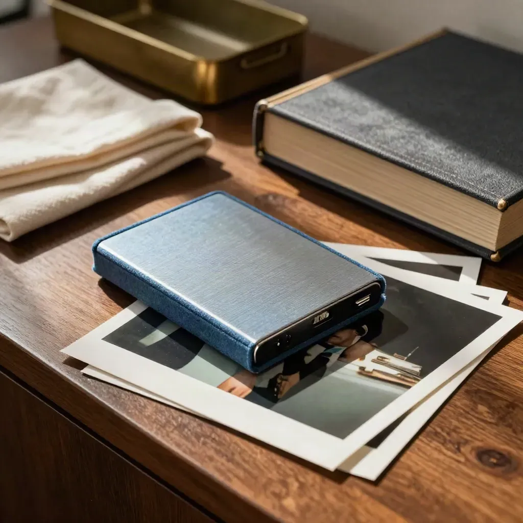 Memoir film package with archive drive, still frames, and closed keepsake case on a warm sideboard.