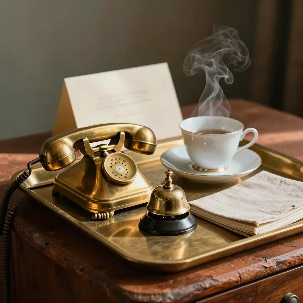 Brass phone, steaming teacup, bell, and notebook on a tray in warm memorial office light.