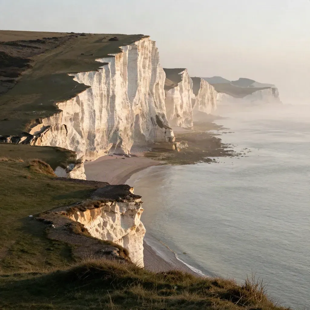 White Cliffs of Dover glowing above misty chalk grassland and a calm pale shore.